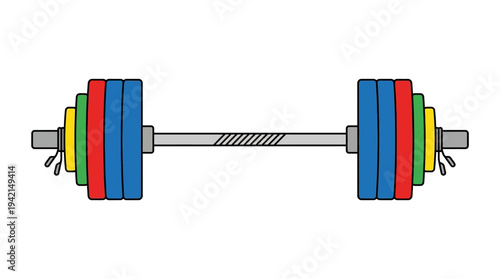 Flat vector outline illustration of a barbell with weight plates, fitness training equipment concept