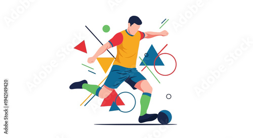 Dynamic Male Soccer Player Kicking Ball in Action.