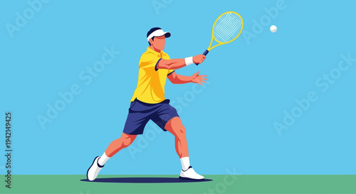 Male tennis player in action hitting a forehand shot on the court.