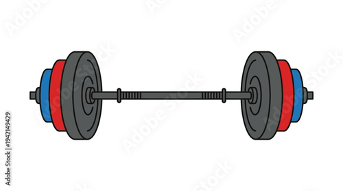 Flat vector outline illustration of a barbell with weight plates, fitness training equipment concept