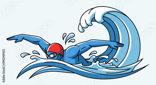 Dynamic illustration of a swimmer in action with a large wave.