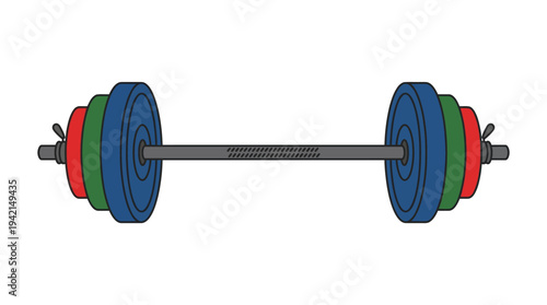 Flat vector outline illustration of a barbell with weight plates, fitness training equipment concept
