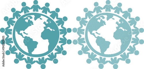 Teal people holding hands around globe