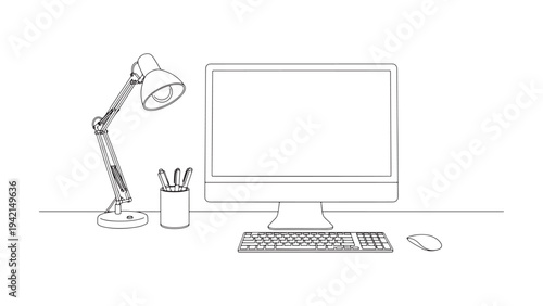 Desktop Computer with Lamp and Keyboard Icon for Office Workspace Setup and Professional Productivity Vector Illustration
