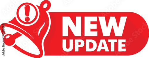 Red New Update alert bell icon with exclamation mark a notification symbol for announcements and important information isolated on white