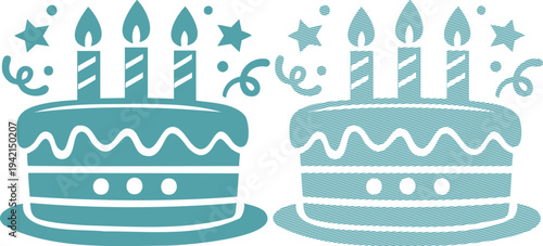 Two teal birthday cakes with lit candles and confetti
