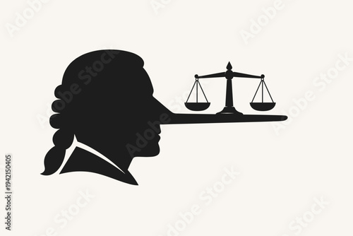 Conceptual Vector Silhouette of a Judge or Lawyer with a Long Nose Balancing a Scale of Justice, Symbolizing Legal Corruption, Dishonesty, Perjury, and the Fragile Truth in Modern Law Courts