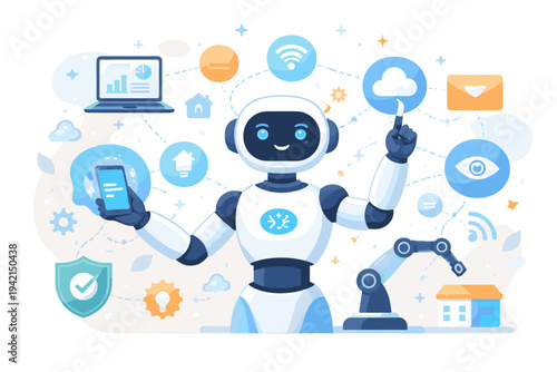 Vector Illustration of a Friendly Robot Representing Artificial Intelligence Controlling Modern Technology, Smart Home Devices, Cloud Computing, and Digital Automation in a Flat Design Style.