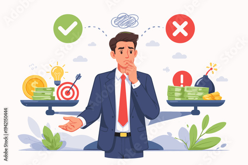 Businessman in a Suit Weighing Pros and Cons on Scales, Concept of Difficult Decision Making, Risk Assessment, Financial Planning with Money, Ideas, and Potential Dangers, Flat Vector Illustration