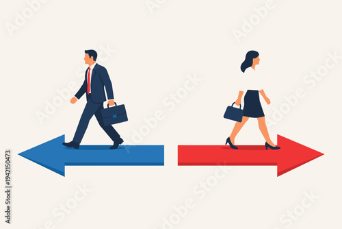 Vector illustration of a businessman and businesswoman walking in opposite directions on blue and red arrows. Concept of conflict, disagreement, career path choices, and different work strategies.