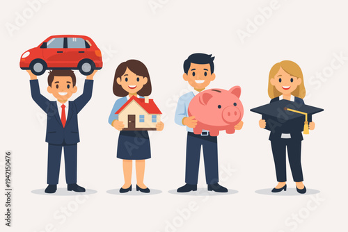 Flat vector illustration of professional people holding a car, house, piggy bank, and mortarboard cap, symbolizing financial goals, investment planning, savings, education, and home ownership.