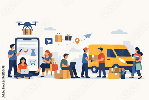 Flat vector illustration of people shopping online with mobile devices, featuring drone delivery service, a yellow courier van, and logistics workers delivering packages to happy customers.