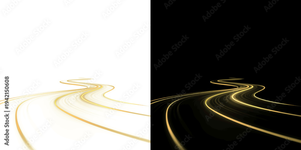 Fototapeta premium Winding golden neon paths with soft glowing edges creating a sense of a magical journey or high-end technological data flow On Transparent Background PNG