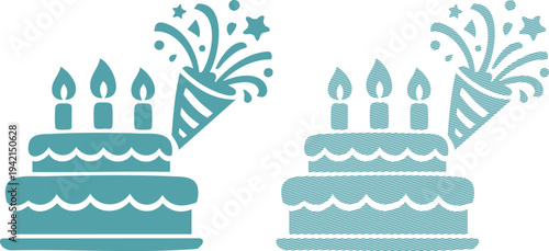 Two teal birthday cakes with candles and party poppers