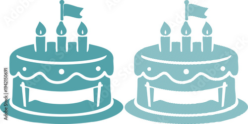Two teal birthday cakes with candles and flags