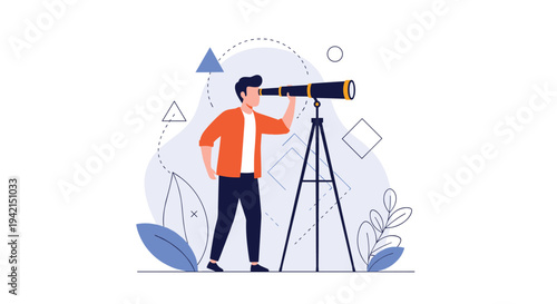 Ambitious young man looking through a large telescope on a tripod to visualize future goals and astronomical discoveries.