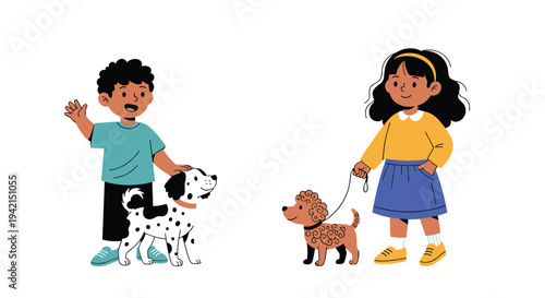 Two cheerful diverse children walking their pet dogs on a sunny day to promote healthy outdoor activities and animal care.