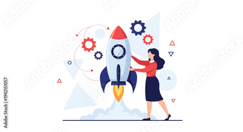 Creative woman working on an innovative startup project represented by a launching space rocket and industrial gears.