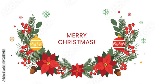 Festive Christmas wreath decorated with vibrant red poinsettias, green pine branches, ornaments, and holiday greeting text.