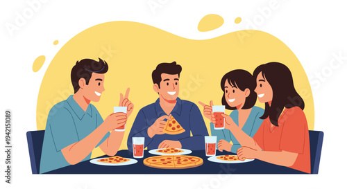 Group of four diverse friends enjoying a fun social gathering while eating delicious pizza and drinking juice at a table.