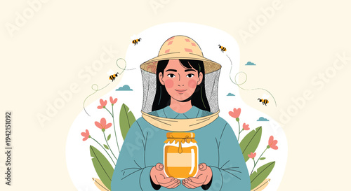 Professional female beekeeper wearing protective gear and holding a fresh jar of organic honey in a blooming garden.