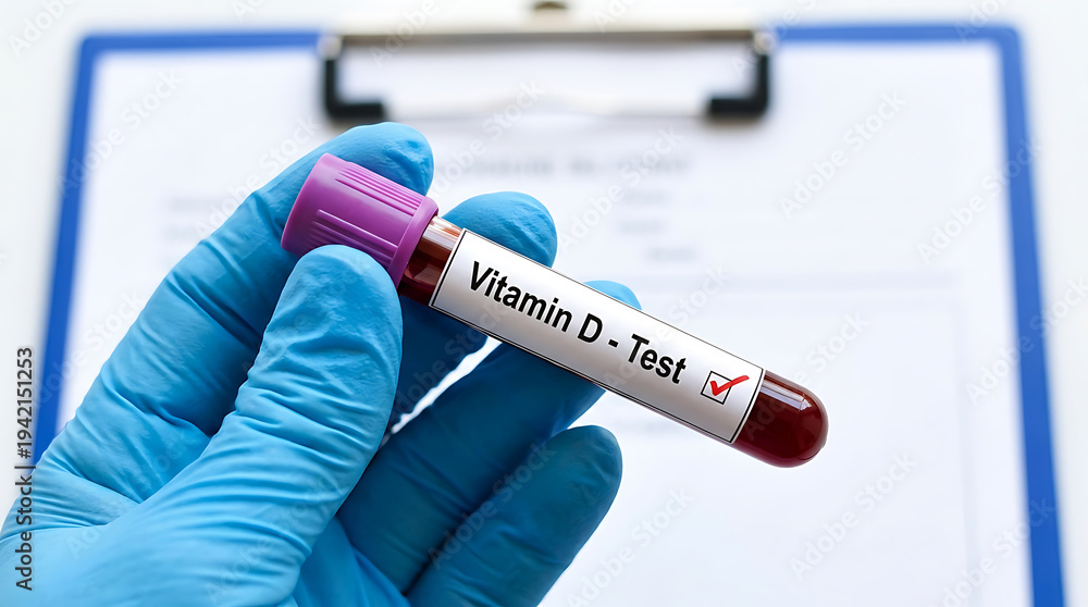 Fototapeta premium Gloved hand holding blood sample for Vitamin D test