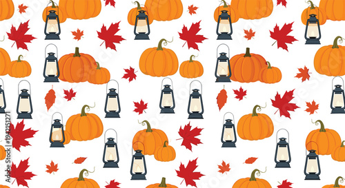 Elegant seamless pattern with orange pumpkins, red autumn maple leaves, and traditional lanterns for seasonal celebration.