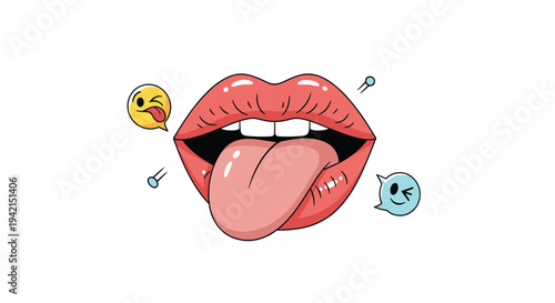 Open mouth with tongue sticking out surrounded by playful winking emojis and chat bubbles for social media fun.