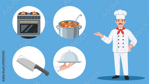 Flat vector illustration chef tools simple cartoon style, cartoon