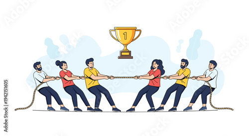 Two diverse teams of people engaging in a competitive tug of war game for a golden trophy representing business rivalry.