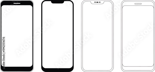 Collection of minimalist vector mobile phone templates showcasing sleek design and clean outlines, perfect for user interface prototyping and responsive web design mockups