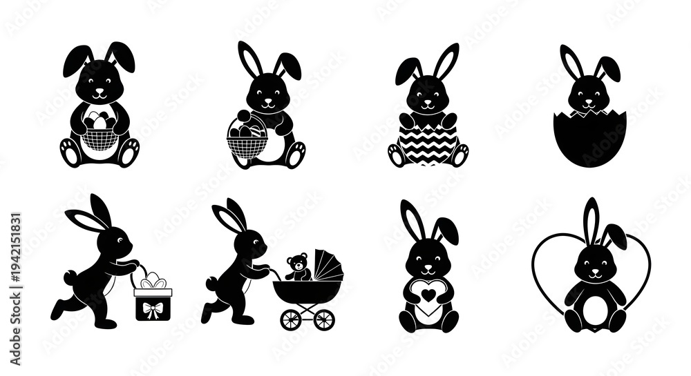 Fototapeta premium Collection of eight black and white bunny illustrations