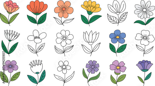 A charming collection of hand-drawn floral illustrations, featuring a variety of blooms in an artistic line art style, perfect for creative projects