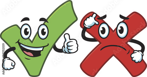 Funny cartoon illustration of a green tick mark giving a thumbs up and a red cross mark looking confused