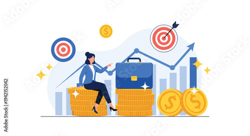 Successful businesswoman sitting on stacks of gold coins next to growth charts and targets to represent financial wealth.