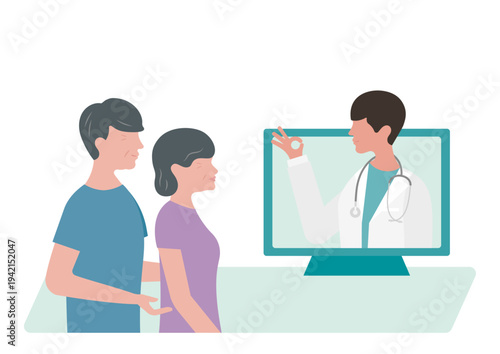 高齢夫婦にオンライン診療でOKサインをする医師のベクターイラスト素材（左向き）