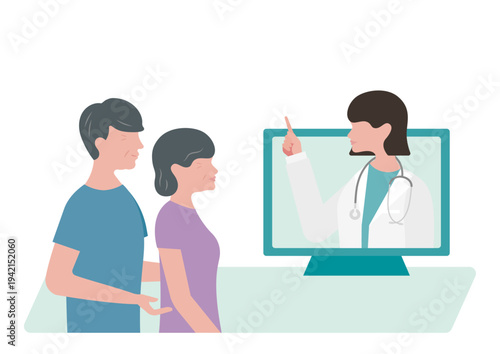 高齢夫婦にオンライン診療で指差し説明をする女医のベクターイラスト素材（左向き）