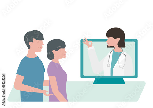 高齢夫婦にオンライン診療でOKサインをする女医のベクターイラスト素材（左向き）