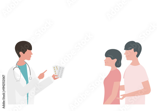 薬の説明をする医師と高齢夫婦のベクターイラスト素材