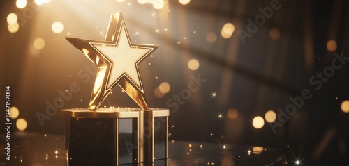 Neon light effect golden star award trophy on pedestal with sparkling lights shining brightly in background scene