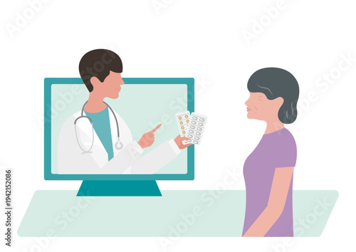高齢女性にオンライン診療で薬の説明をする医師のベクターイラスト素材（右向き）