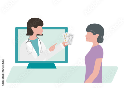 高齢女性にオンライン診療で薬の説明をする女医のベクターイラスト素材（右向き）