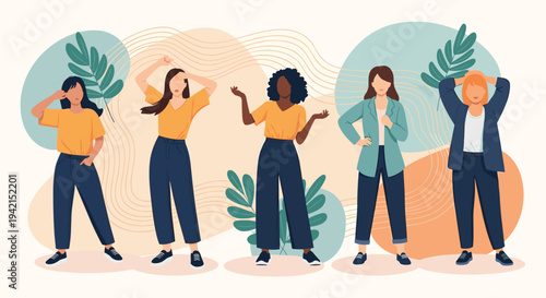 Group of five diverse women standing in confident poses against a background of abstract shapes and green leaves.