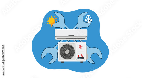 Professional air conditioning service concept with a cooling unit, wrenches, sun, and snowflake symbols for repair.