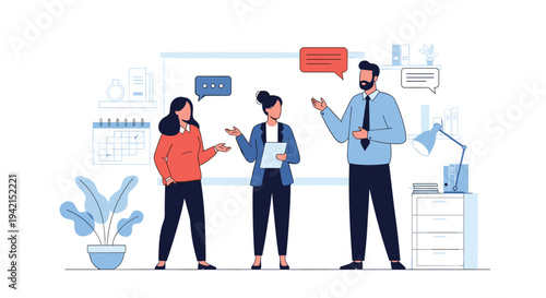 Professional team of diverse colleagues having an informal discussion in a bright modern office environment during a productive workday.