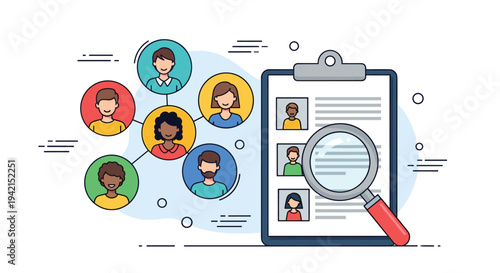 Recruitment process concept featuring a magnifying glass over candidate profiles and a network of diverse professional individuals for hiring.