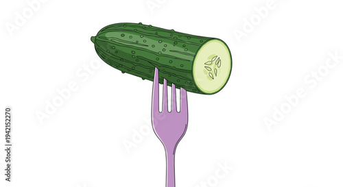 Fresh green cucumber slice held on a purple plastic fork over a clean white background representing healthy eating habits and daily nutrition.