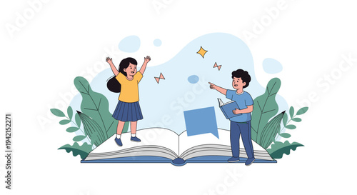 Two happy children standing on a giant open book and playing creatively to represent the joy of reading, learning, and vivid imagination.