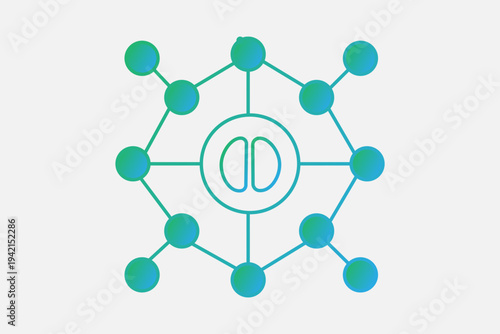 The image features a centralized network icon that symbolizes the "brain" or core of an artificial intelligence system.