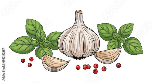 Culinary composition of a whole garlic bulb with fresh green basil leaves and red peppercorns for cooking and flavoring delicious home meals.
